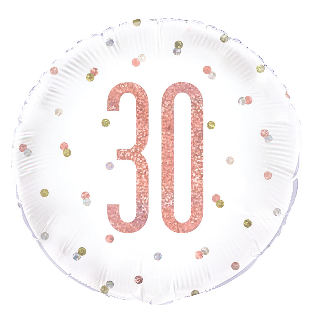Folienballon 30. Geburtstag, weiß-rosa, glitzernd, Größe: ca. 45 cm