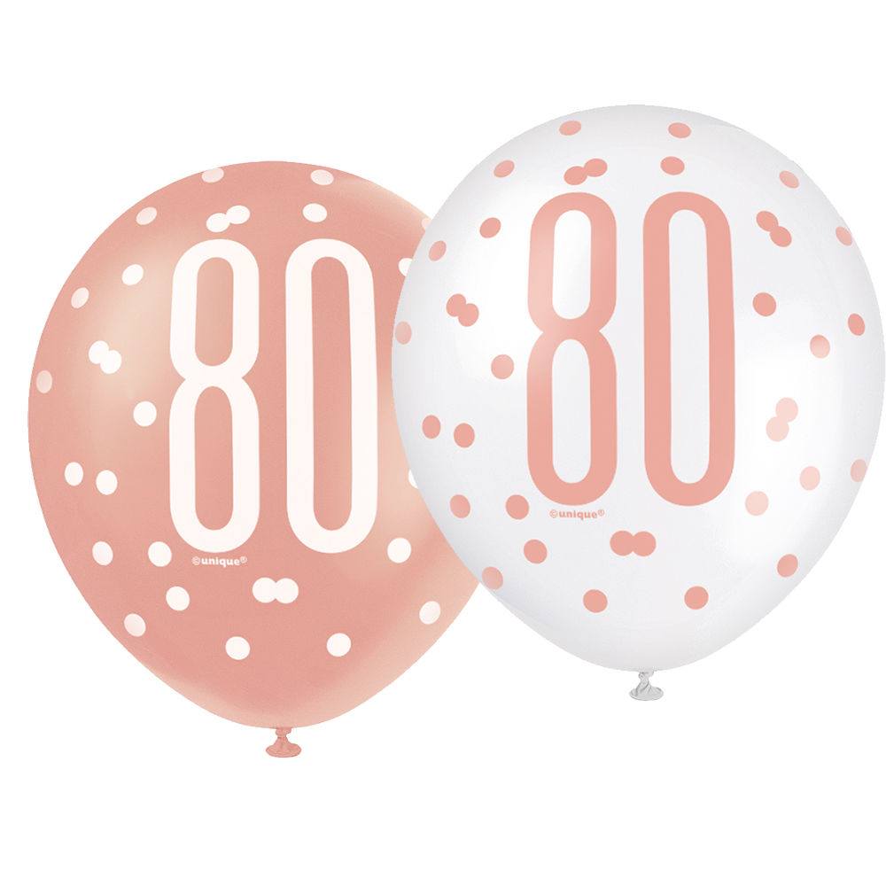Luftballon Latex 80. Geburtstag, weiß & rosa, Größe: ca. 30 cm, 6 Stück