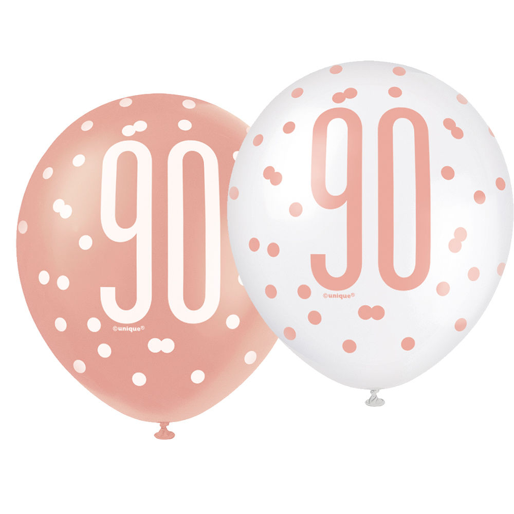 Luftballon Latex 90. Geburtstag, weiß & rosa, Größe: ca. 30 cm, 6 Stück