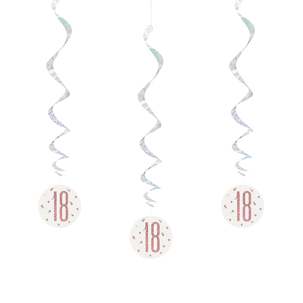 Girlande spiralförmig / Deckenhänger 18. Geburtstag / Volljährigkeit, weiß & rosa, glitzernd, Länge: ca. 80 cm, 6 Stück