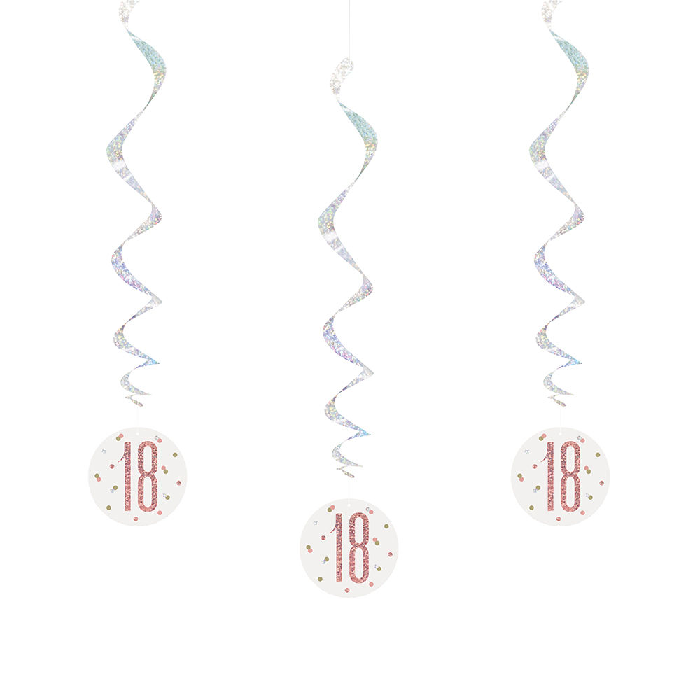 SALE Girlande spiralfrmig / Deckenhnger 18. Geburtstag / Volljhrigkeit, wei & rosa, glitzernd, Lnge: ca. 80 cm, 6 Stck
