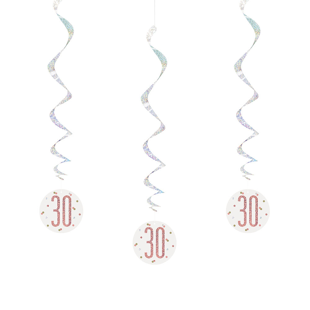 Girlande spiralförmig / Deckenhänger 30. Geburtstag, weiß & rosa, glitzernd, Länge: ca. 80 cm, 6 Stück