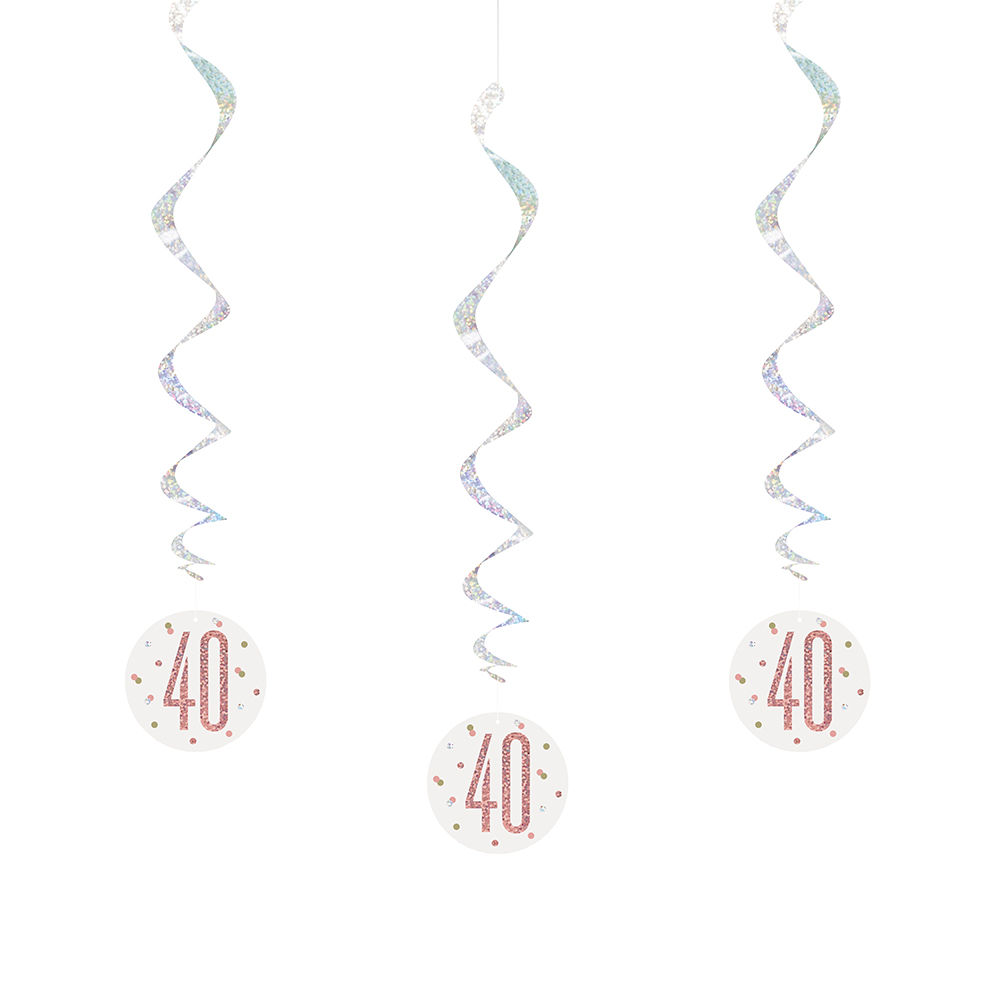Girlande spiralförmig / Deckenhänger 40. Geburtstag, weiß & rosa, glitzernd, Länge: ca. 80 cm, 6 Stück