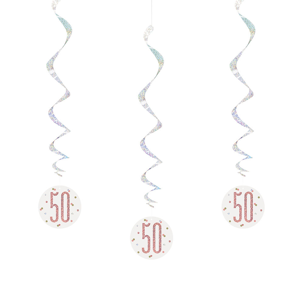 Girlande spiralförmig / Deckenhänger 50. Geburtstag, weiß & rosa, glitzernd, Länge: ca. 80 cm, 6 Stück