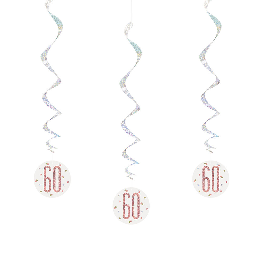 SALE Girlande spiralf�rmig / Deckenh�nger 60. Geburtstag, wei� & rosa, glitzernd, L�nge: ca. 80 cm, 6 St�ck