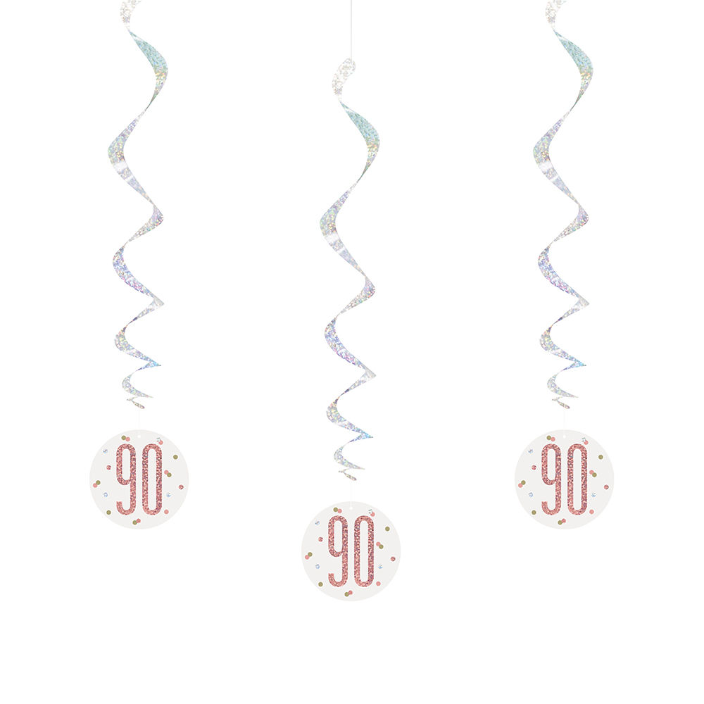 Girlande spiralförmig / Deckenhänger 90. Geburtstag, weiß & rosa, glitzernd, Länge: ca. 80 cm, 6 Stück