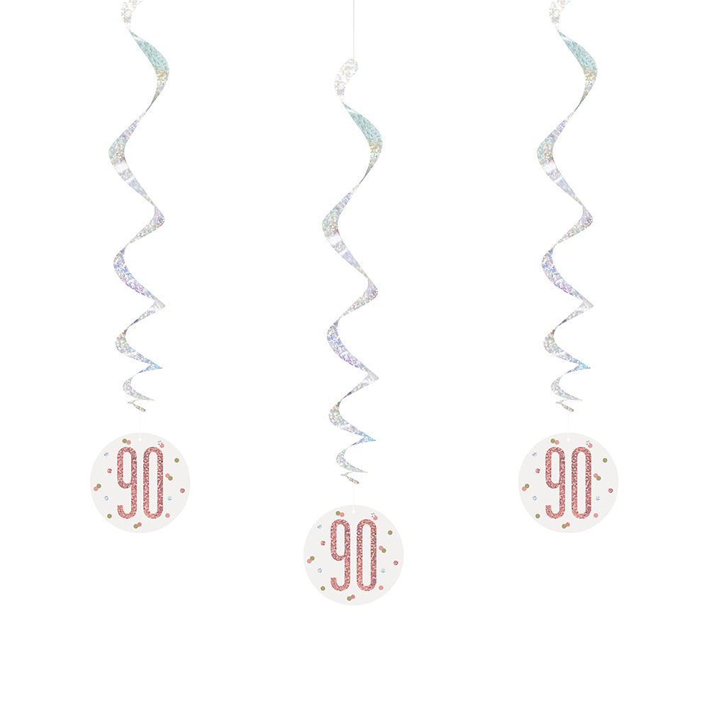 SALE Girlande spiralfrmig / Deckenhnger 90. Geburtstag, wei & rosa, glitzernd, Lnge: ca. 80 cm, 6 Stck