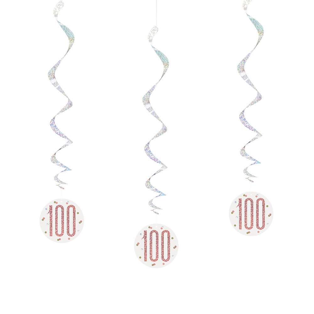 SALE Girlande spiralfrmig / Deckenhnger 100. Geburtstag, wei & rosa, glitzernd, Lnge: ca. 80 cm, 6 Stck