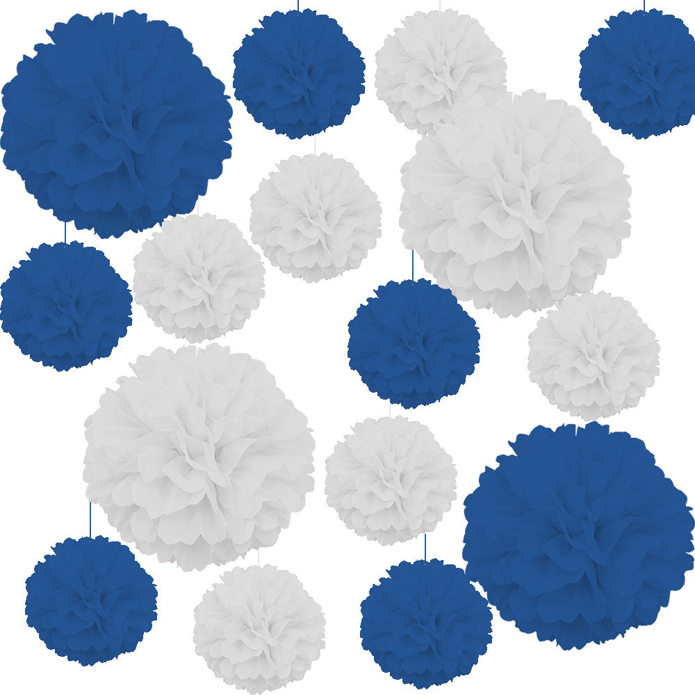 Deko-Set Pompoms, Blau / Weiß, 4x Pompom extra groß, ca. 40 cm, 12x Pompom Standard, ca. 22 cm
