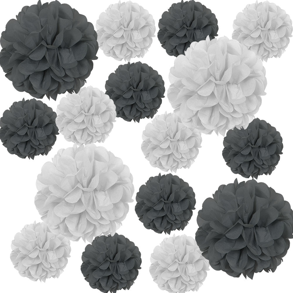 Deko-Set Pompoms, Schwarz / Weiß, 4x Pompom extra groß, ca. 40 cm, 12x Pompom Standard, ca. 22 cm
