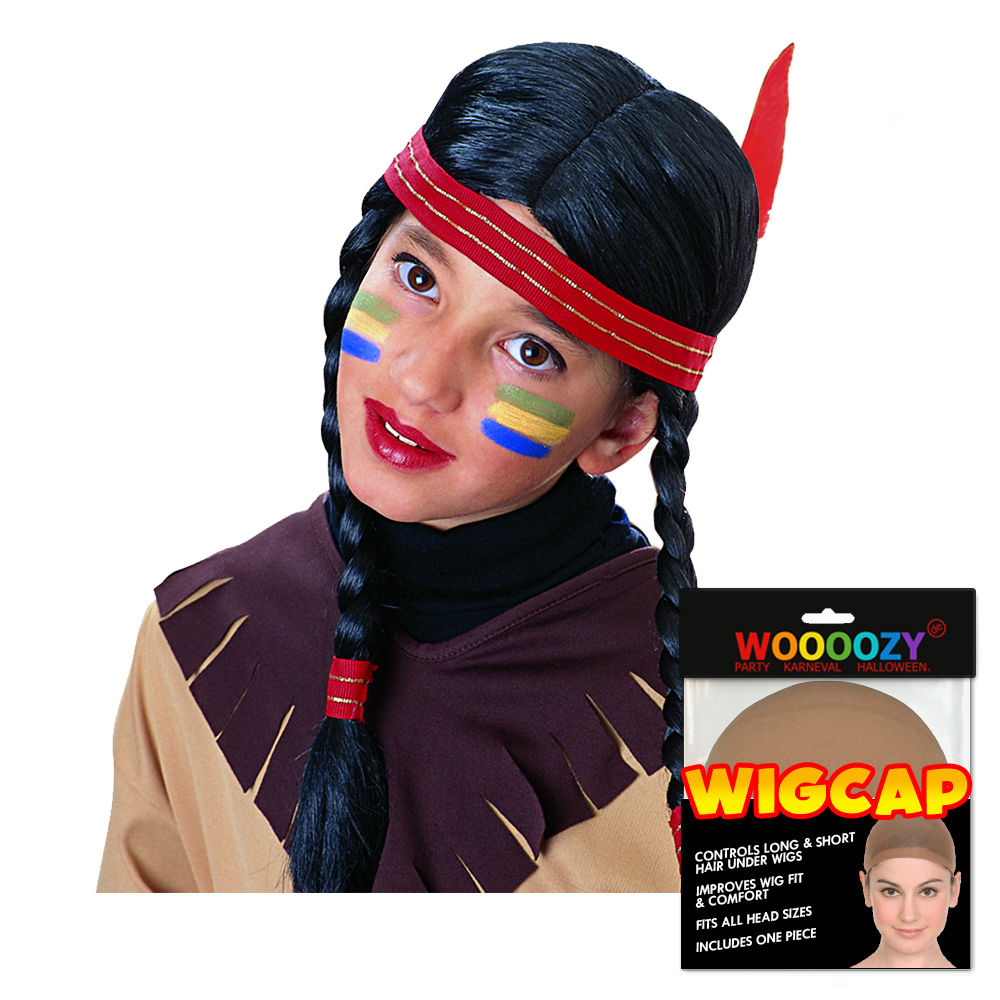 Perücke Kinder Mädchen Indianerin mit Stirnband, sortiert, schwarz - mit Haarnetz