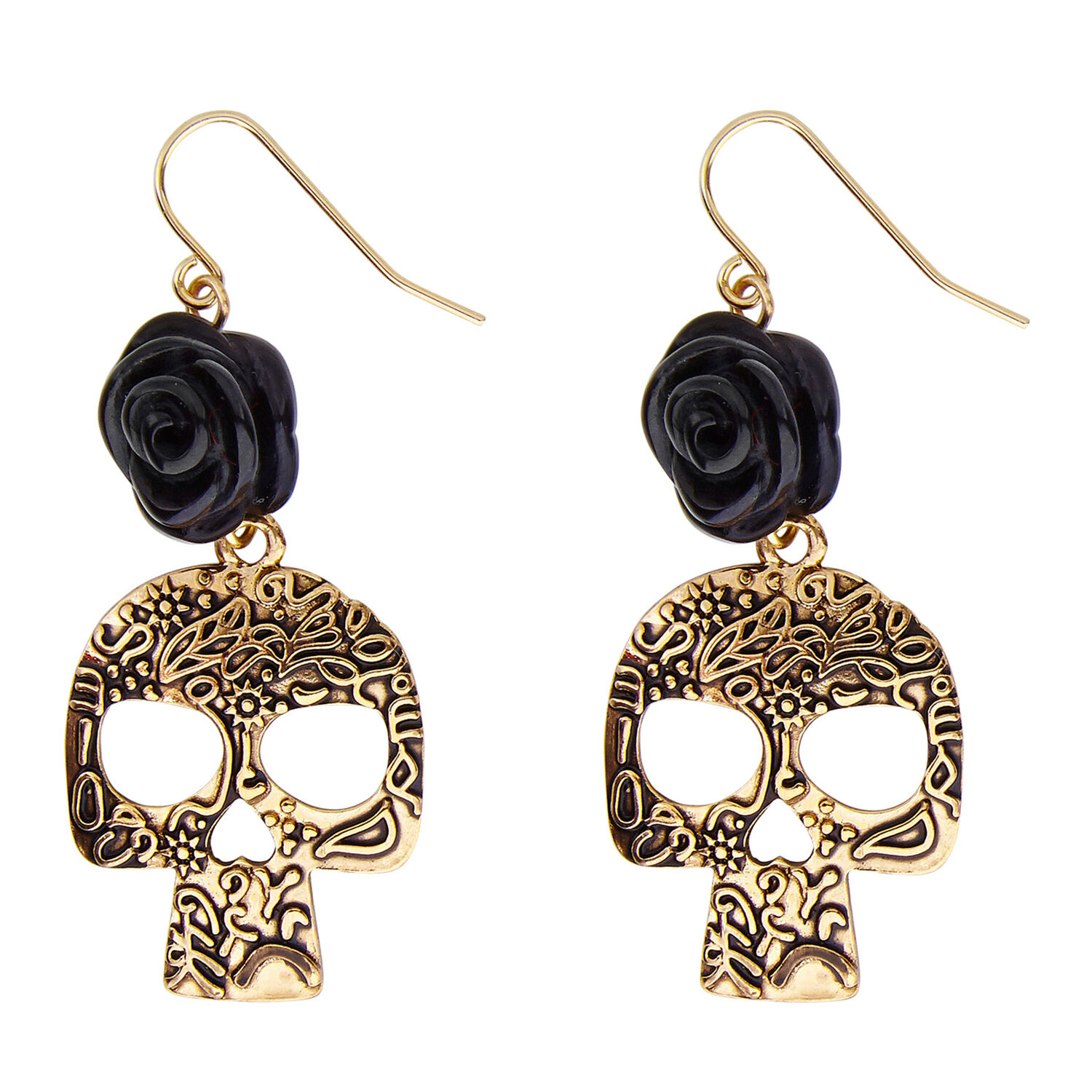 NEU Ohrringe Totenkopf Gold mit Schwarzer Rose für Halloween, Pirat & Co. -  Pirat & Piratin Kostüme & Zubehör für Erwachsene Kostüme & Verkleiden  Produkte