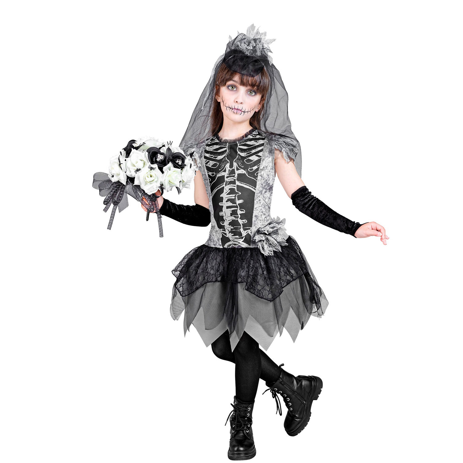 NEU Kinder-Kostm Skelettbraut, mit Kleid, Handschuhen, Brautschleier, Gr. 116 Bild 2
