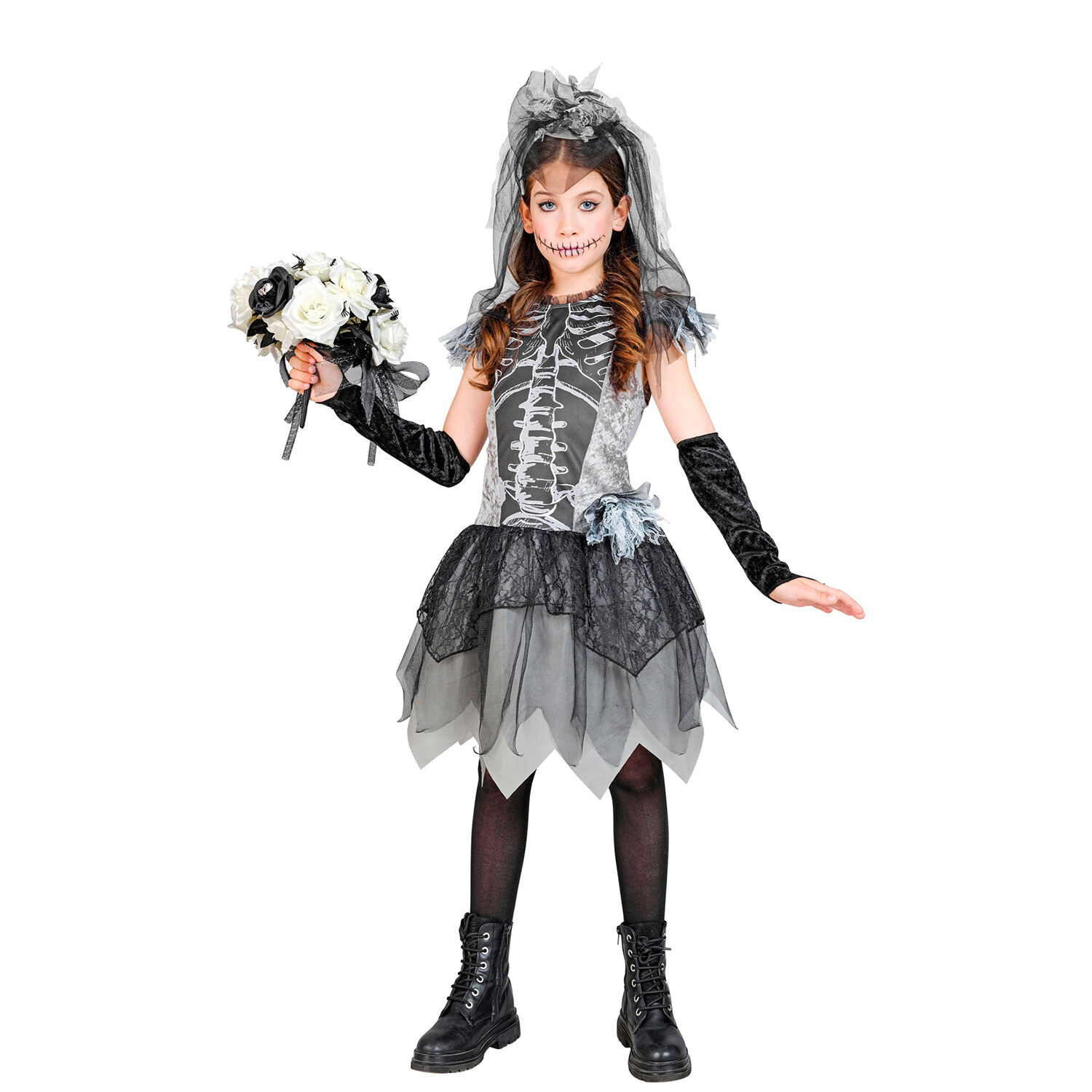 NEU Kinder-Kostm Skelettbraut, mit Kleid, Handschuhen, Brautschleier, Gr. 116 Bild 4