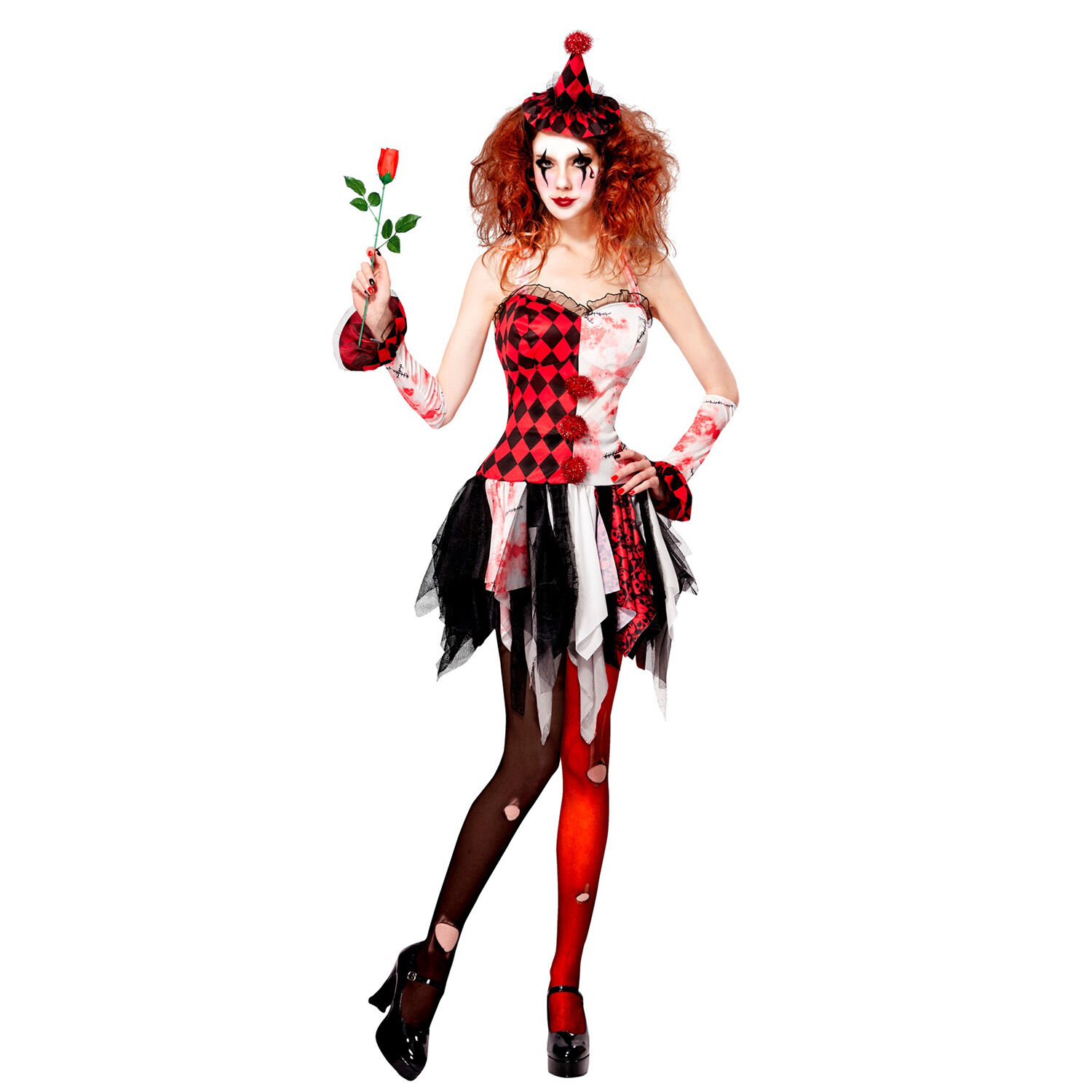 NEU Damen-Kostm Harlekin Grusel-Clown, Kleid mit Armbndern und Minihut, Gr. XS