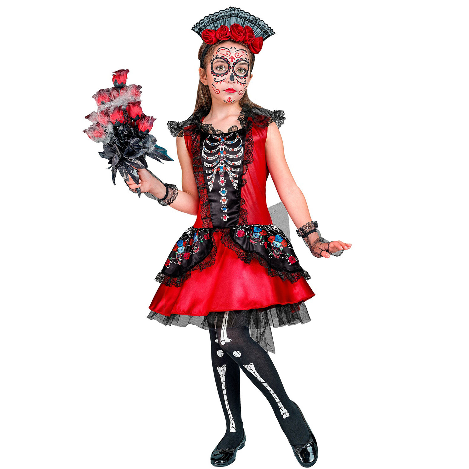 NEU Kinder-Kostm Tag der Toten, mit Kleid, Handschuhen, Kopfschmuck, Gr. 116 Bild 4