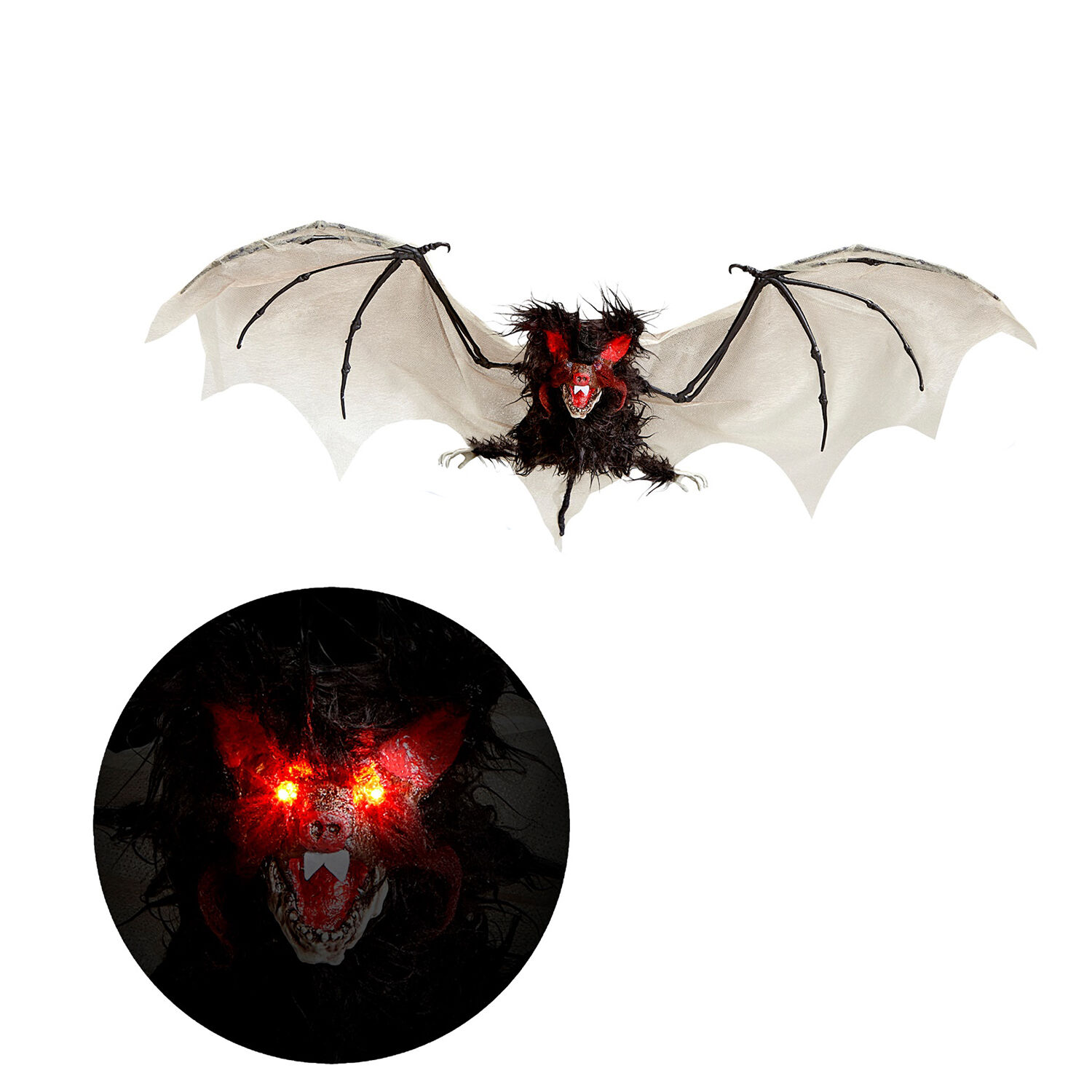 NEU Halloween-Deko-Figur HAARIGE FLEDERMAUS MIT PULSIEREND BLINKENDEN LED  AUGEN, Größe ca. 89 cm - Halloween Figuren & Groß-Deko Halloween Produkte 