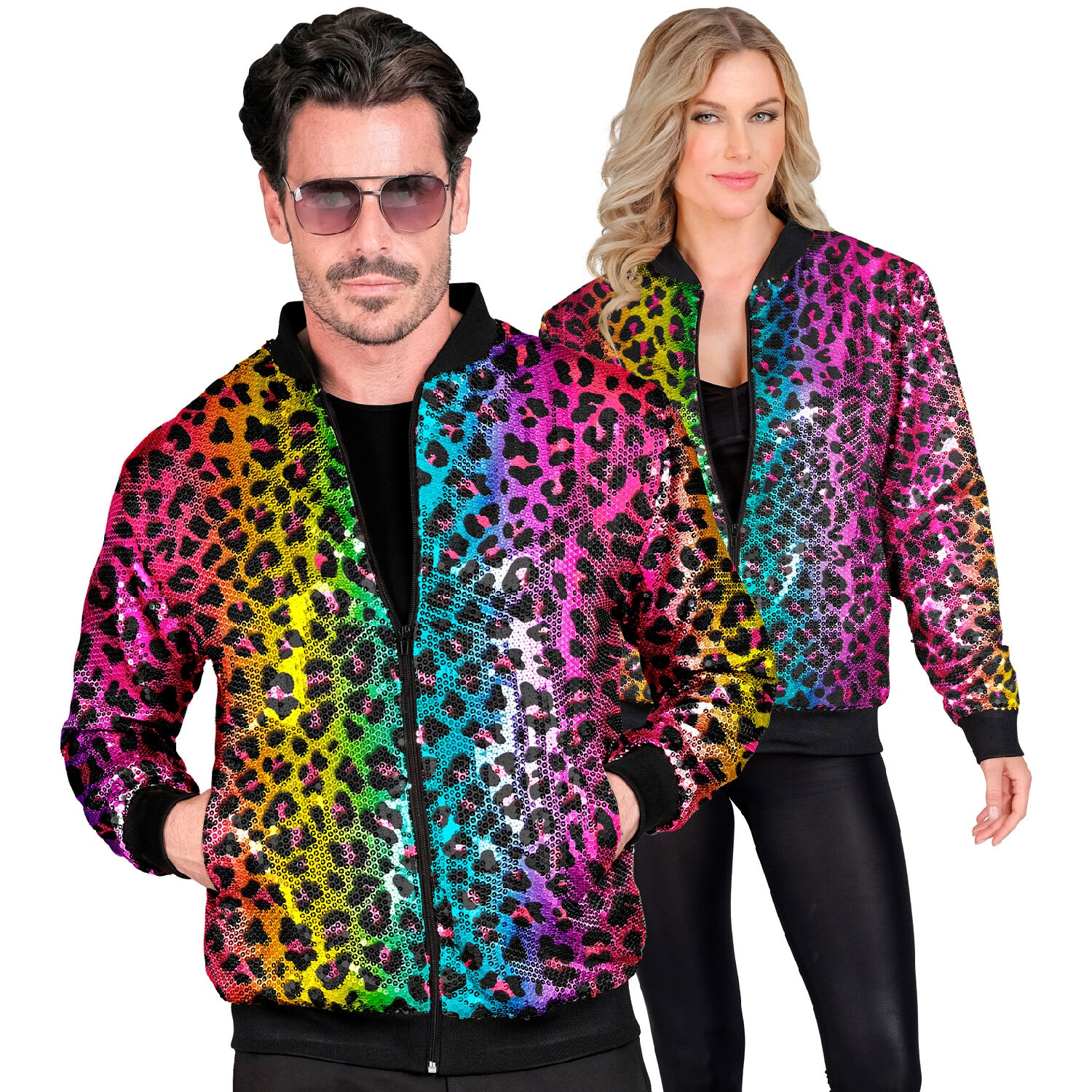 NEU Herren-Kostm Disco-Bomberjacke mit Pailletten, Regenbogen-Leopard, Gre S-M