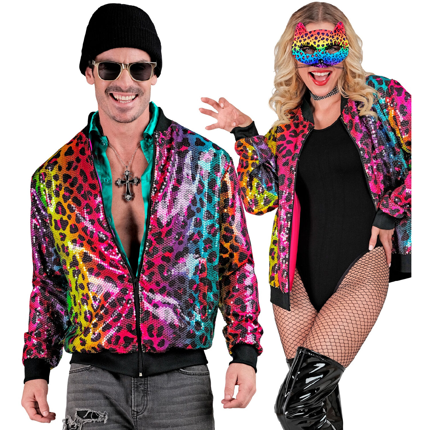 NEU Herren-Kostm Disco-Bomberjacke mit Pailletten, Regenbogen-Leopard, Gre S-M Bild 2