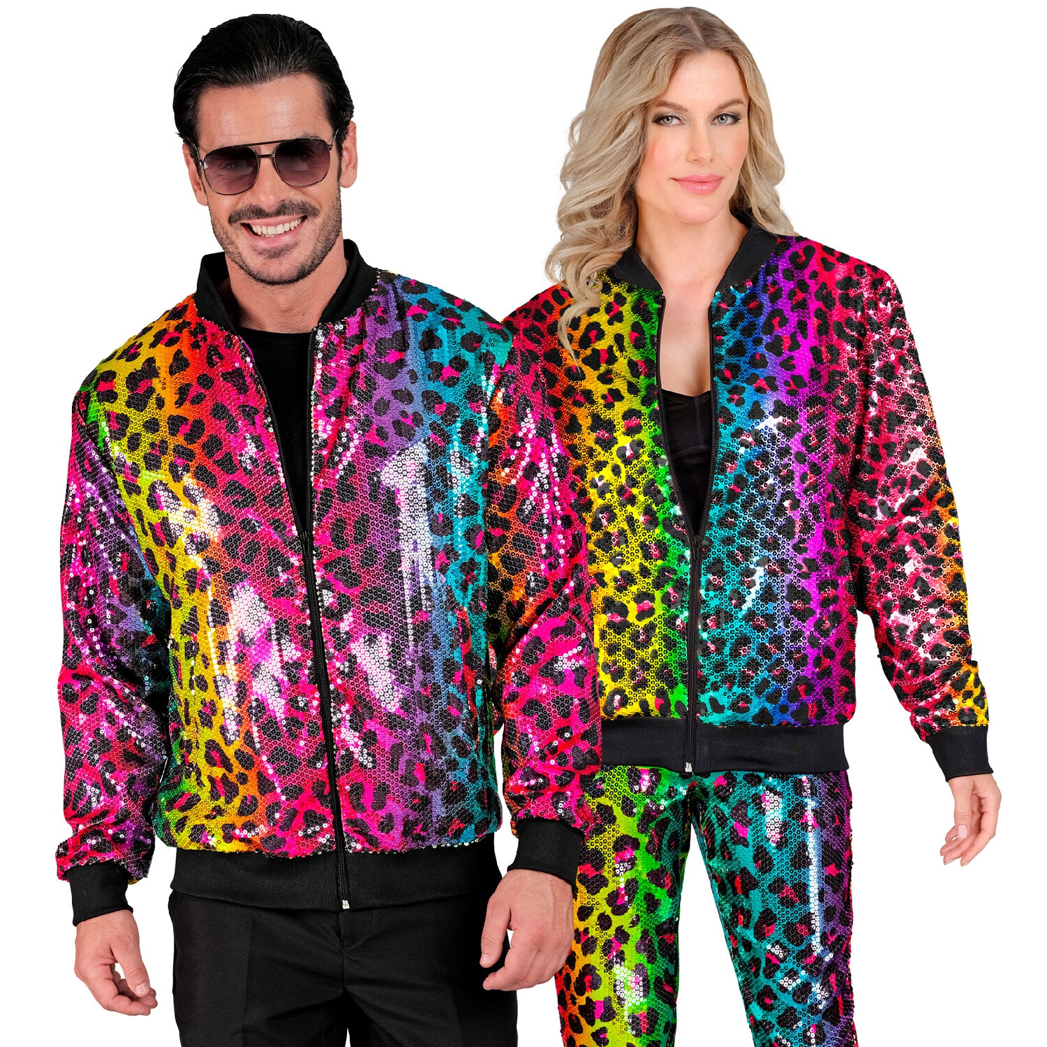 NEU Herren-Kostm Disco-Bomberjacke mit Pailletten, Regenbogen-Leopard, Gre S-M Bild 3