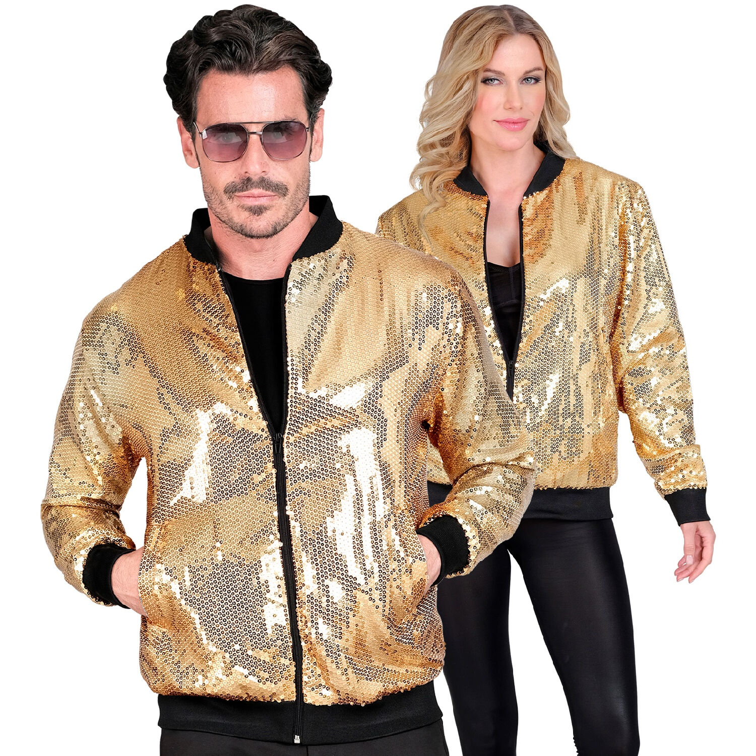 NEU Unisex-Kostm Disco-Bomberjacke mit Pailletten, gold, Gre S-M