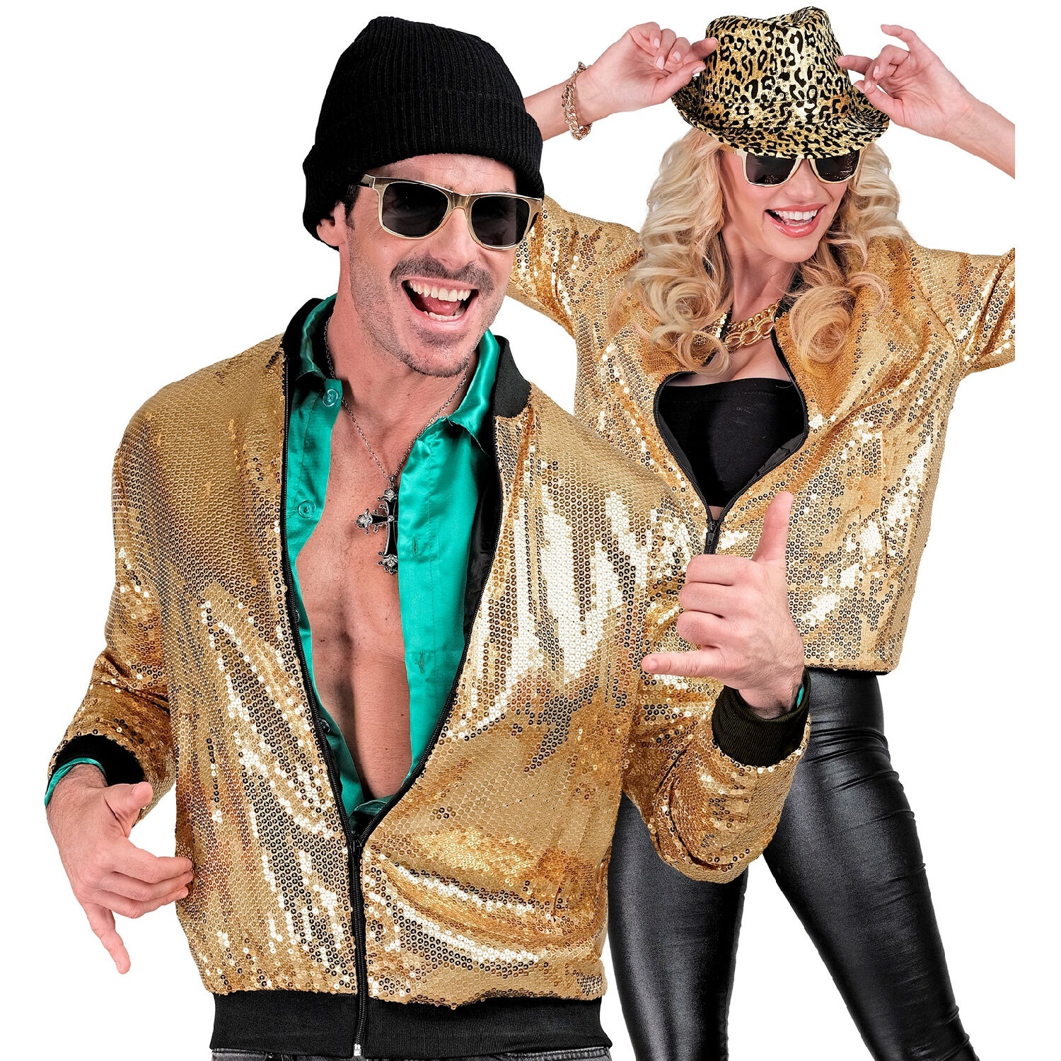 NEU Unisex-Kostm Disco-Bomberjacke mit Pailletten, gold, Gre S-M Bild 2