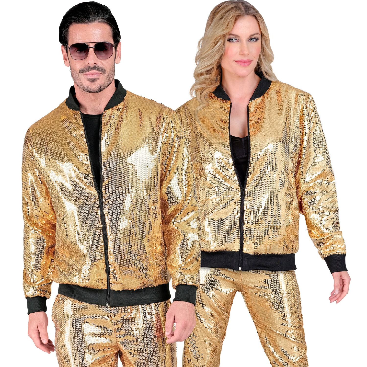 NEU Unisex-Kostm Disco-Bomberjacke mit Pailletten, gold, Gre S-M Bild 3