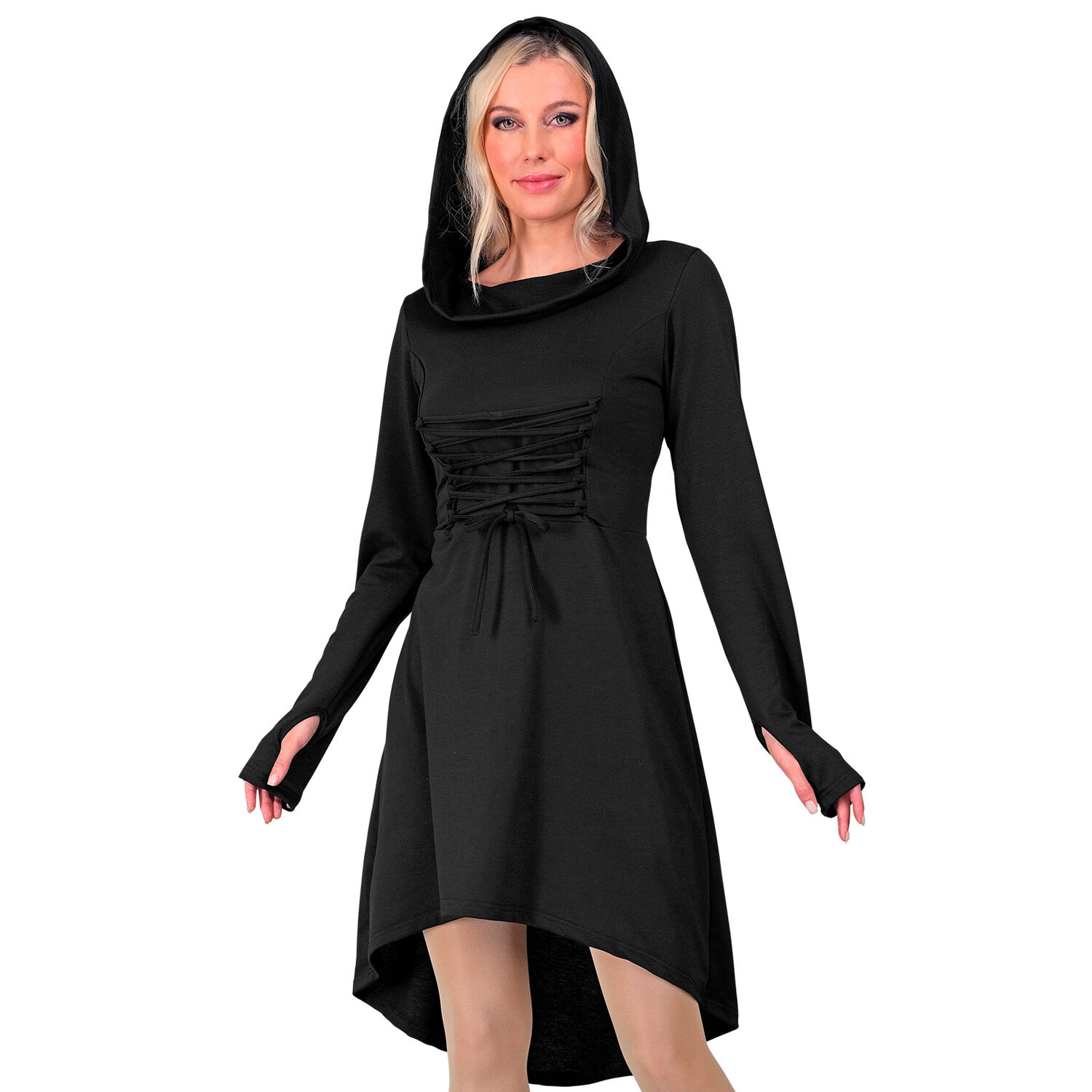 NEU Damen-Kostm Kapuzenkleid, schwarz, mit Schnroptik, Gr. S