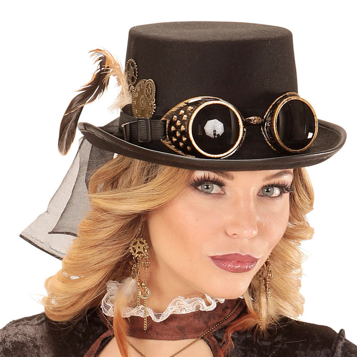 Zylinder Steampunk mit Brille, Zahnraddeko und Federn Bild 2