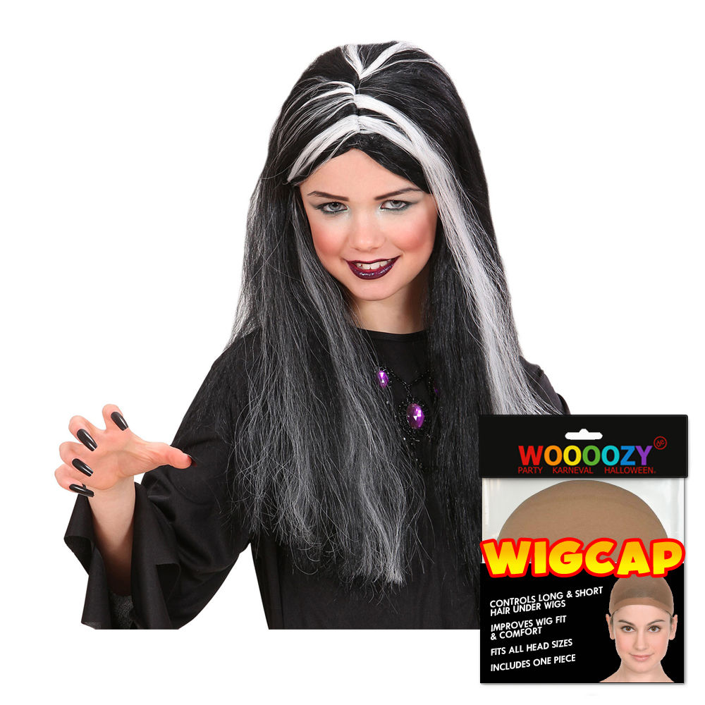 Perücke Kinder Mädchen Langhaar Hexe, schwarz-weiß - mit Haarnetz