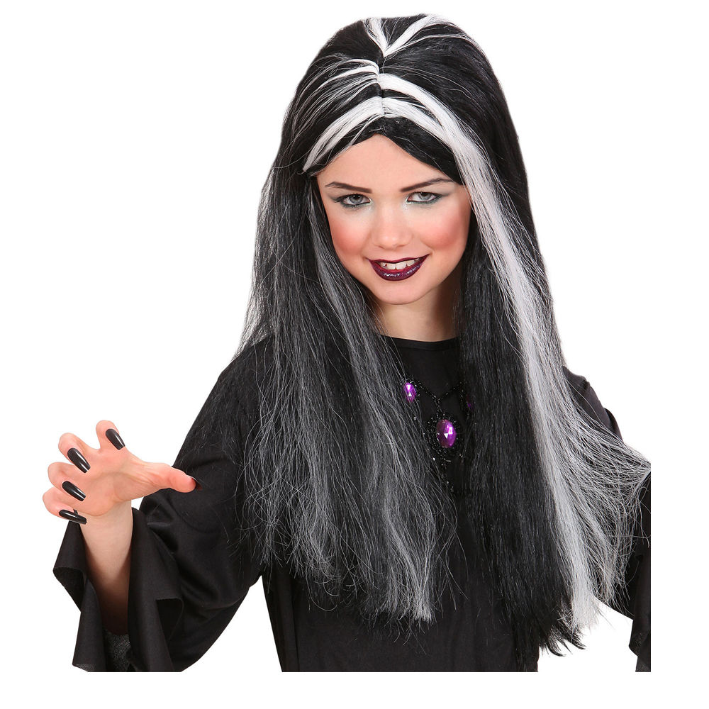 Perücke Kinder Mädchen Langhaar Hexe, schwarz-weiß - mit Haarnetz Bild 2
