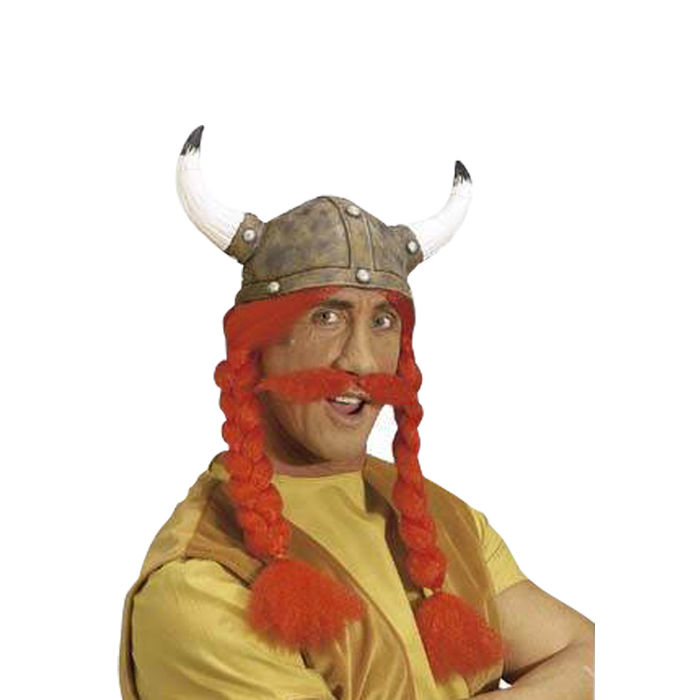 Wikinger-Helm mit roten Zöpfen & Schnurrbart