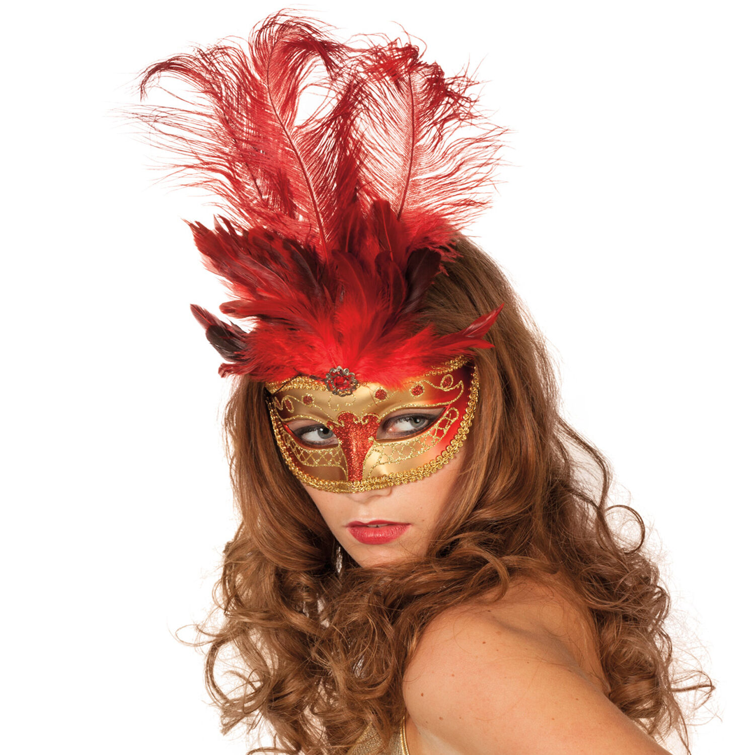 Maske Venedig mit langen Federn, rot