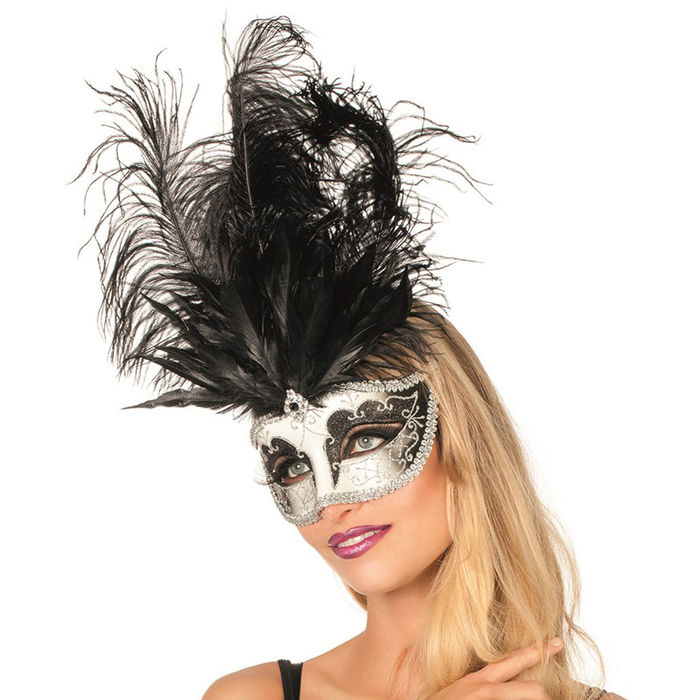 Maske Venedig mit langen Federn, silber