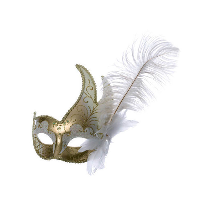 SALE Maske Venezia mit 2 Spitzen & weier Feder, gold