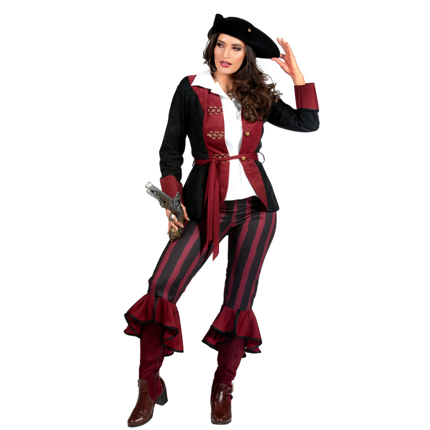NEU Damen-Kostüm Piratin, 3-tlg. mit Hose, Jacke und Gürtel, burgund-schwarz, Gr. 36