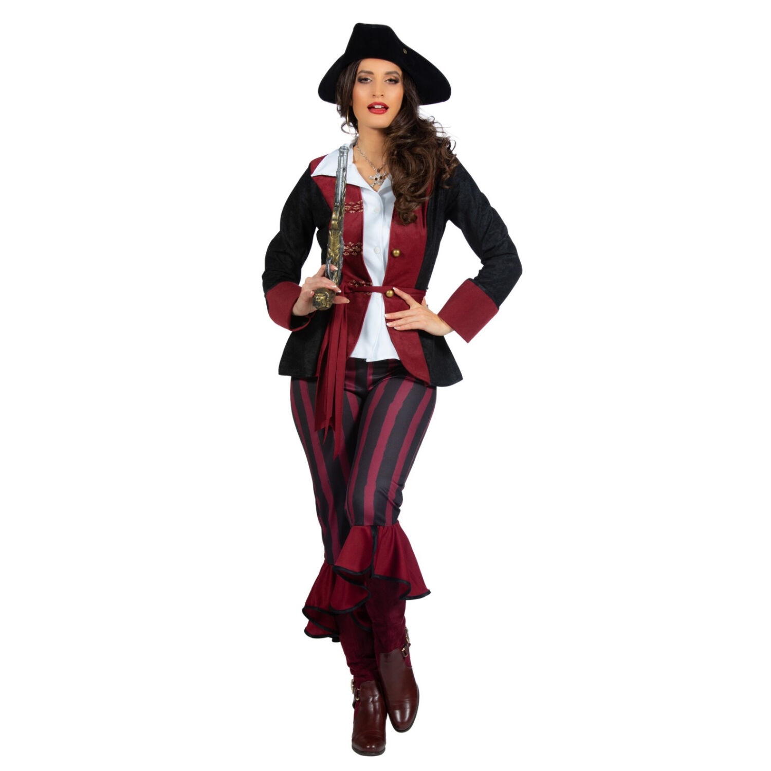 NEU Damen-Kostüm Piratin, 3-tlg. mit Hose, Jacke und Gürtel, burgund-schwarz, Gr. 36 Bild 2
