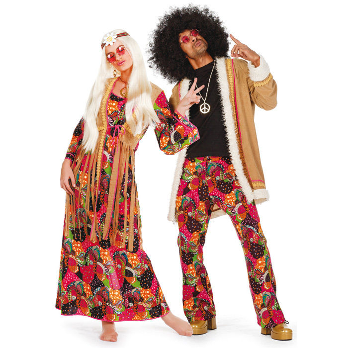 Herren-Kostüm Hippie mit langem Mantel Flower Power Woodstock Hippiekostüm 