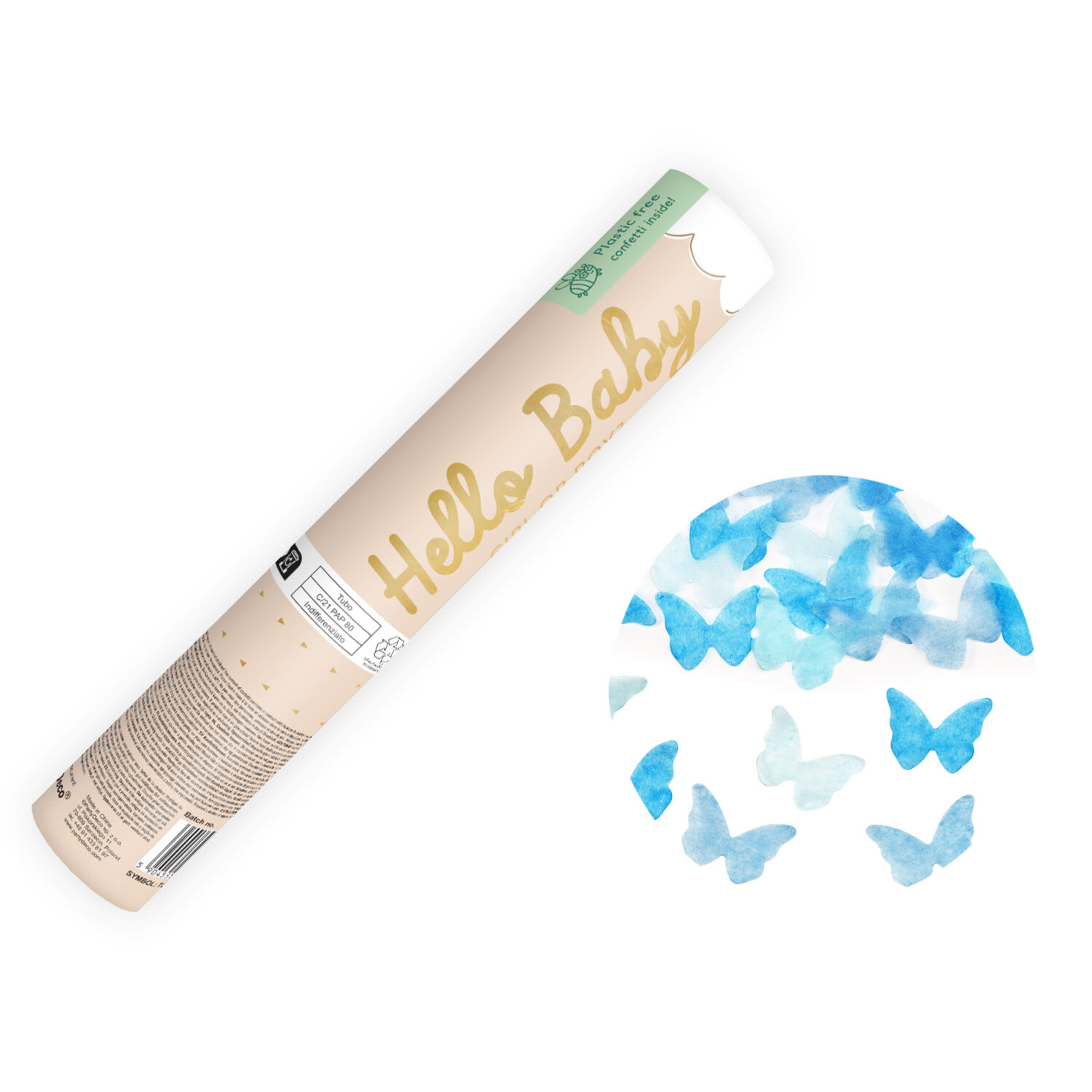 Konfettikanone mit Hello-Baby-Schmetterlingen, 20 cm, blau