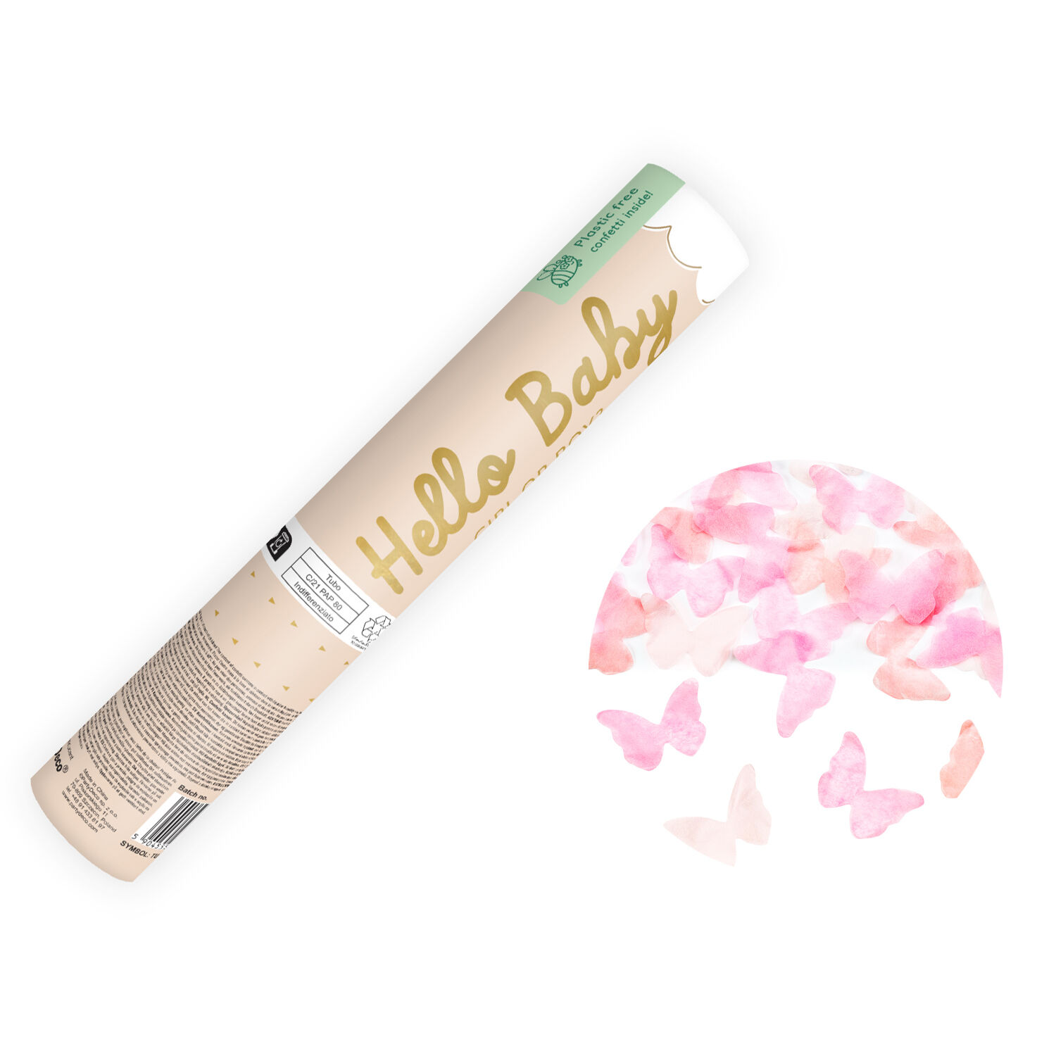 Konfettikanone mit Hello-Baby-Schmetterlingen, 20 cm, rosa