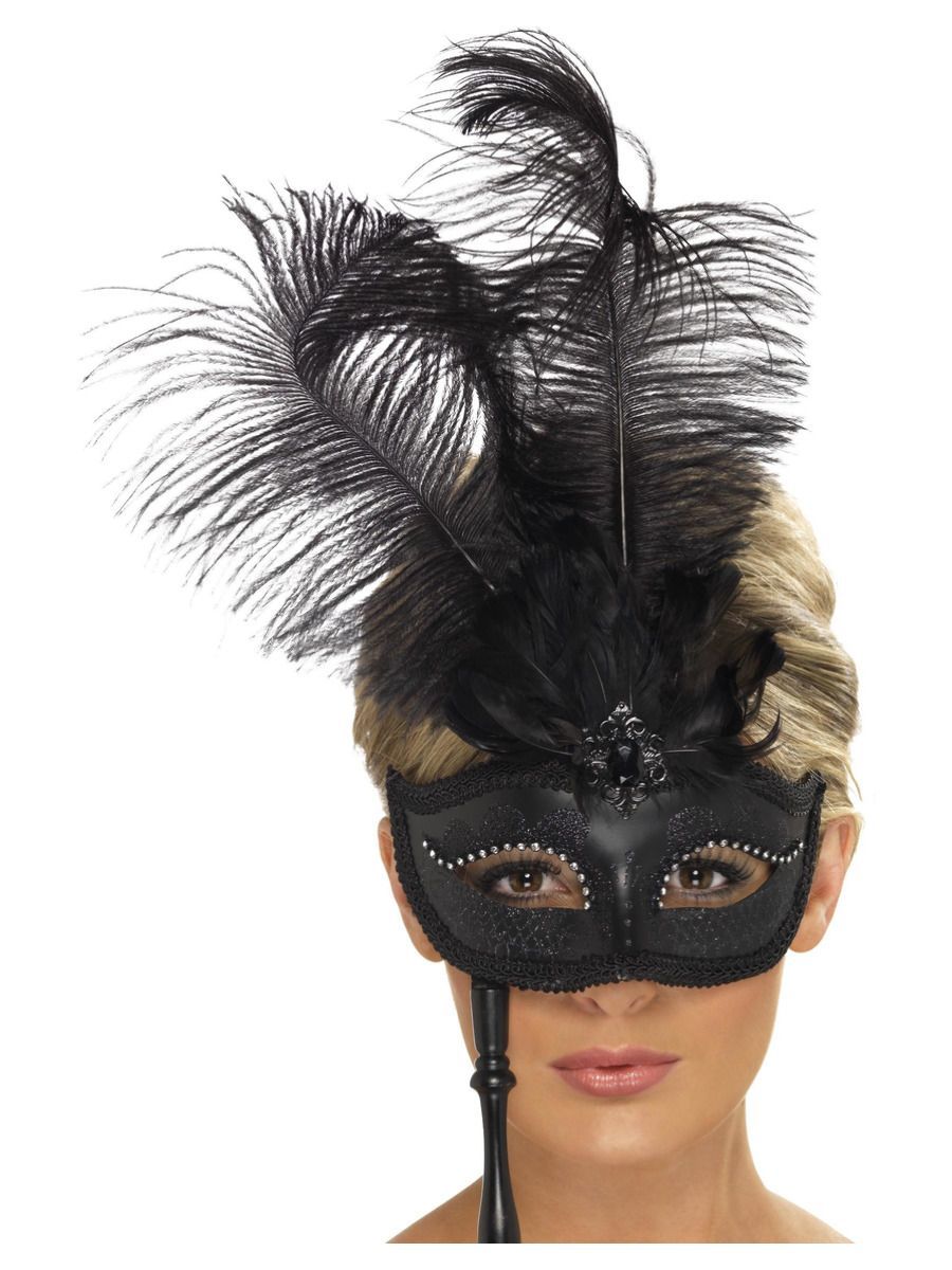 Barock-Fantasie-Augenmaske, Schwarz mit Federn