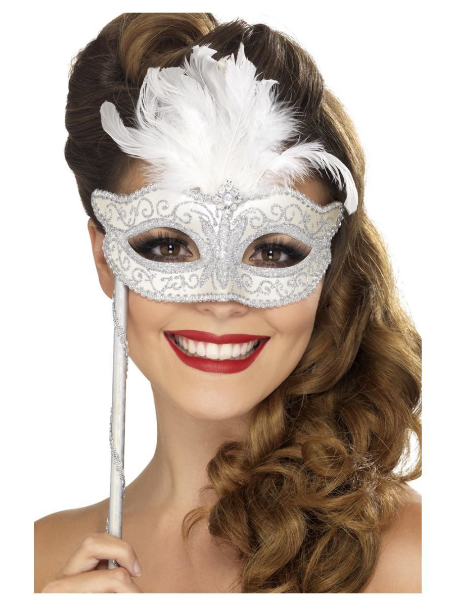 Barock-Fantasie-Augenmaske, Silber mit Federn