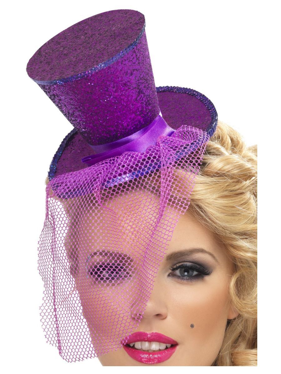 Mini-Zylinder auf Haarreifen, Violett, mit abnehmbarem Netz
