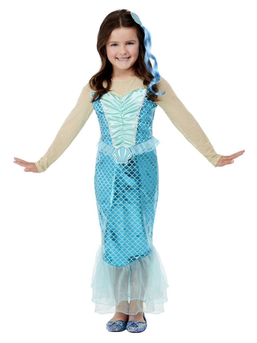 Kostüm Meerjungfrau, Blau, Kleid und Haarschmuck, Größe: geeignet für 4-6 Jährige