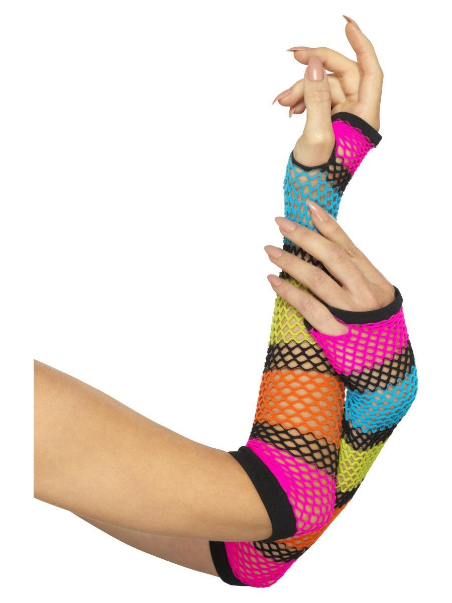 NEU Neon-Netzhandschuhe, lang, mit schwarzen Streifen