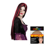 Percke Damen Hexe Mittelscheitel superlang de Luxe mit roter Strhne Iona, schwarz - mit Haarnetz