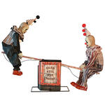 Dekofigur Wippe mit 2 Clowns, Animatronik mit Bewegung, Sound und Licht, ca. 125x31x90cm