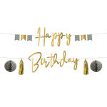 NEU Buchstabengirlande Happy Birthday Golden Dawn mit Quasten und Wabenbllen, 2 Ketten  150cm, gold