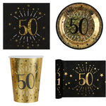 NEU Party-Serie Schwarz-Gold Happy Birthday 50 / Goldhochzeit - Teller, Servietten, Becher & Deko