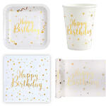 Geburtstags-Serie Wei-Gold Happy Birthday - Teller, Servietten, Becher & Deko